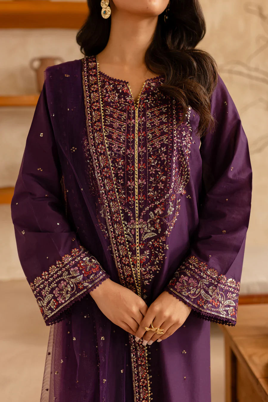 Royal Plum - 3 PC Embroidered Dress