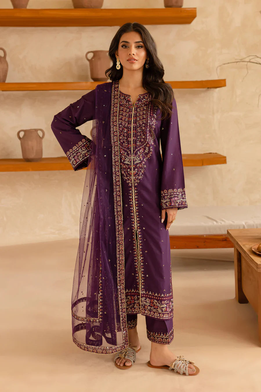Royal Plum - 3 PC Embroidered Dress