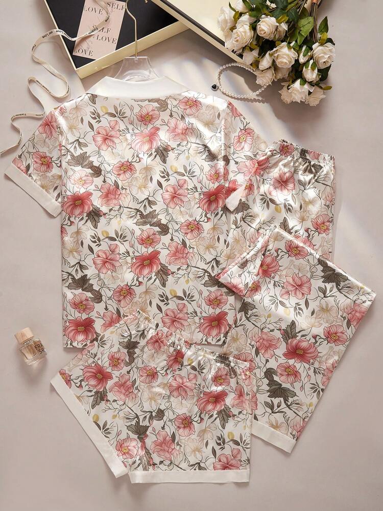 (3 Pcs) Luxury Floral Loungewear - Shirt + Trouser + Shorts