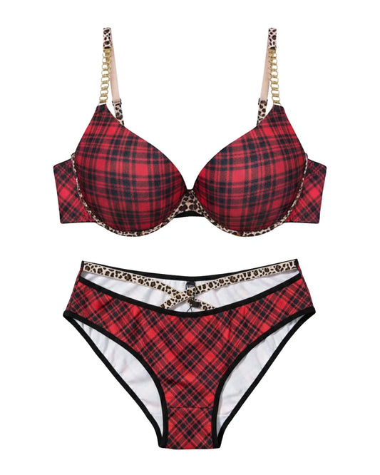 Padded Bra Set - Checked Strap - Red