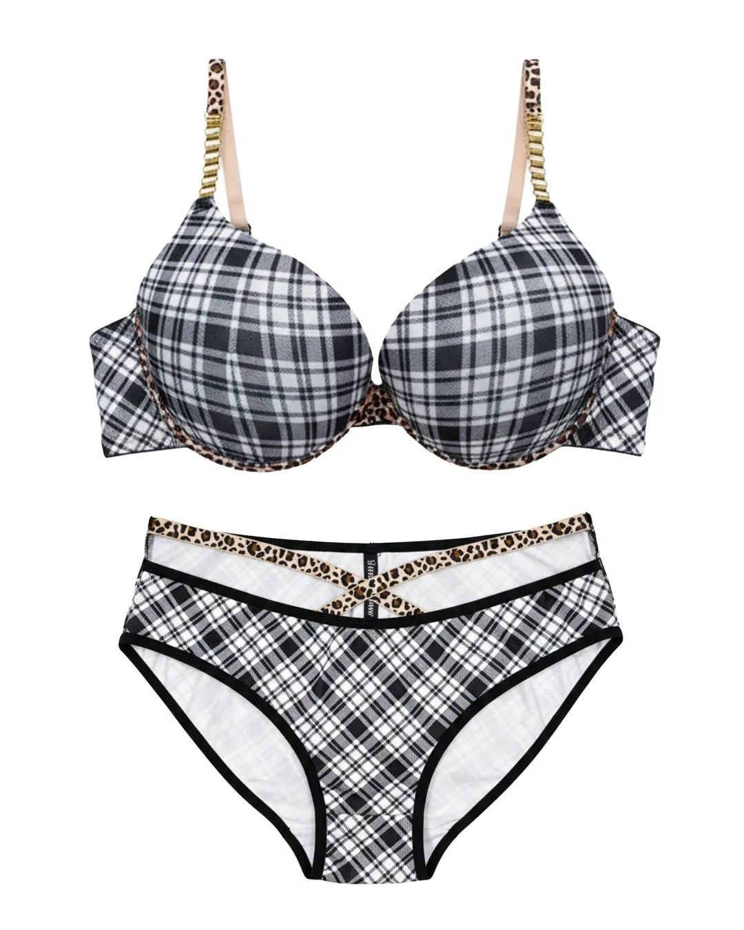 Padded Bra Set - Checked Strap - Grey