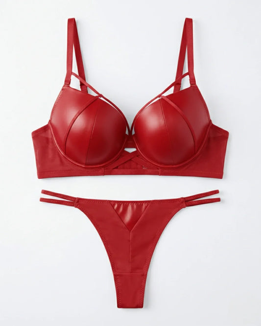 Padded Bra Set - Leather Fit - Red