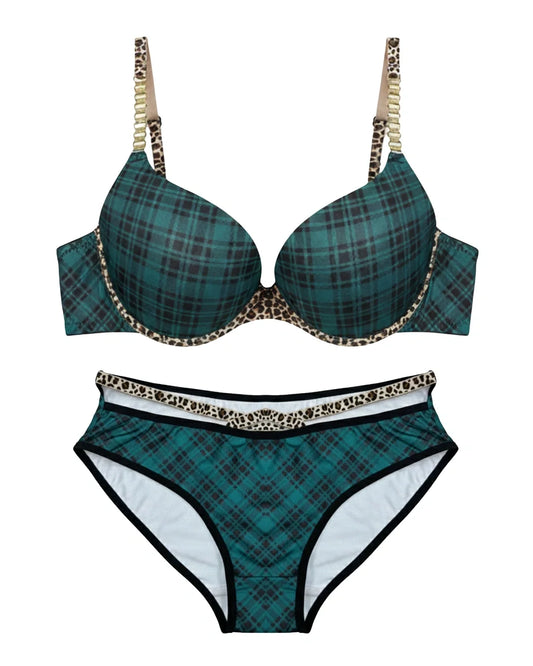 Padded Bra Set - Checked Strap - Green