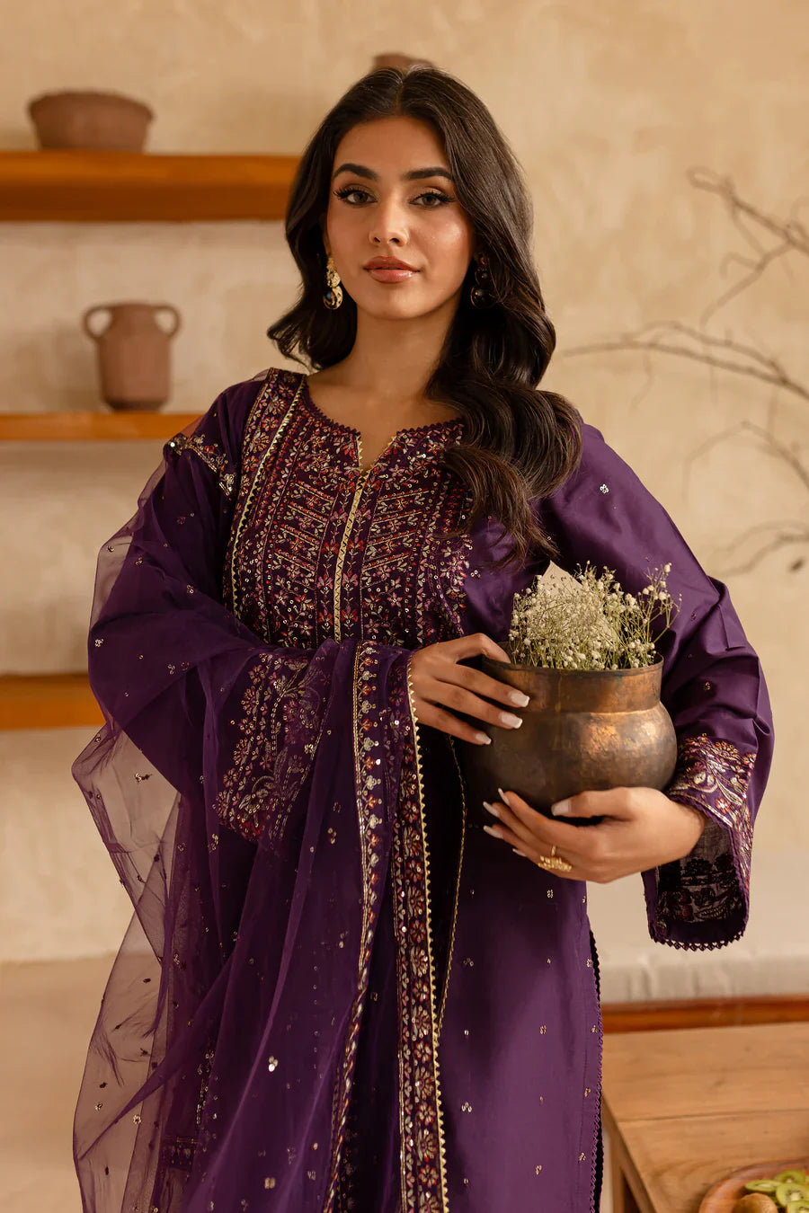 Royal Plum - 3 PC Embroidered Dress