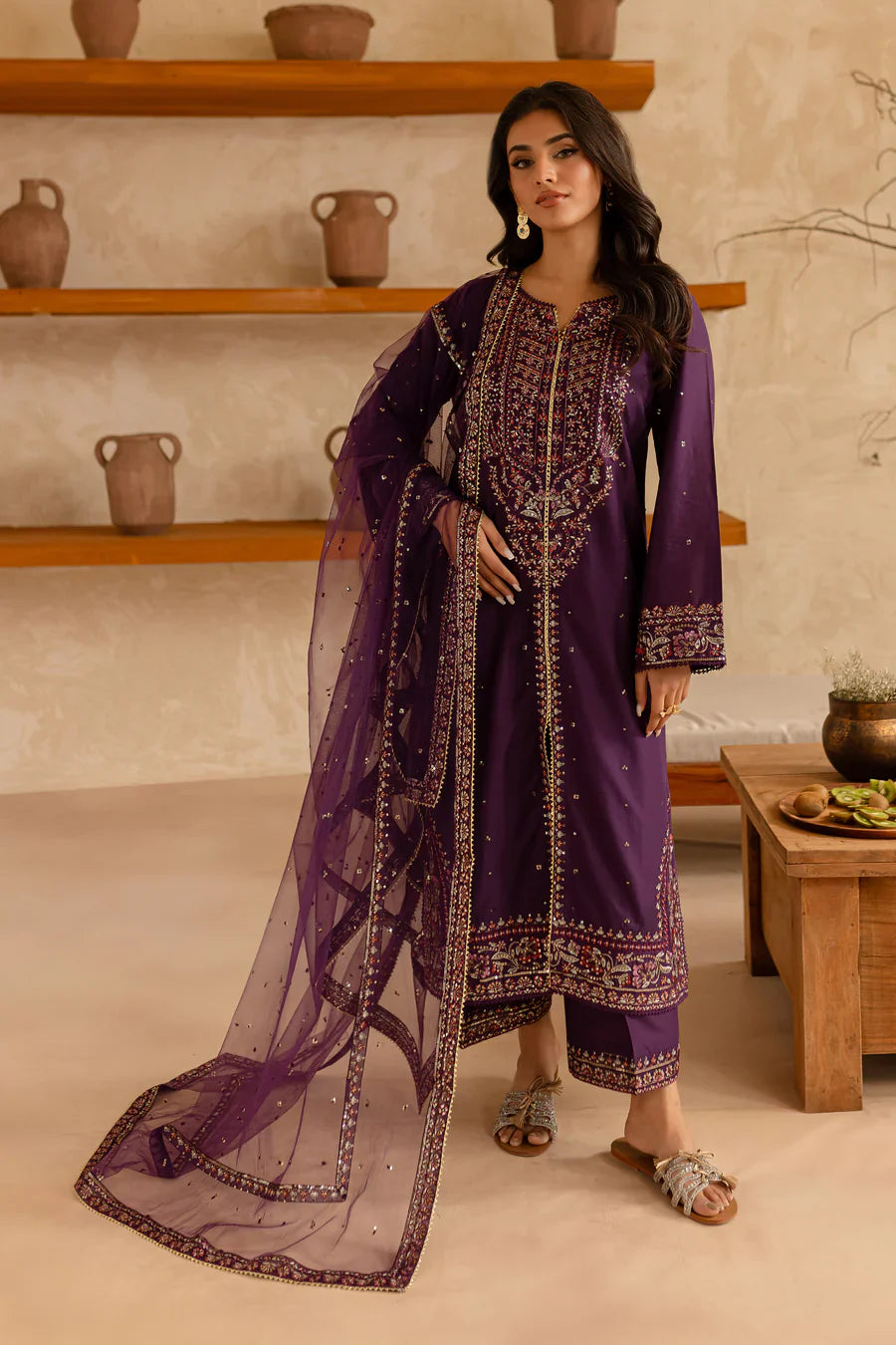 Royal Plum - 3 PC Embroidered Dress