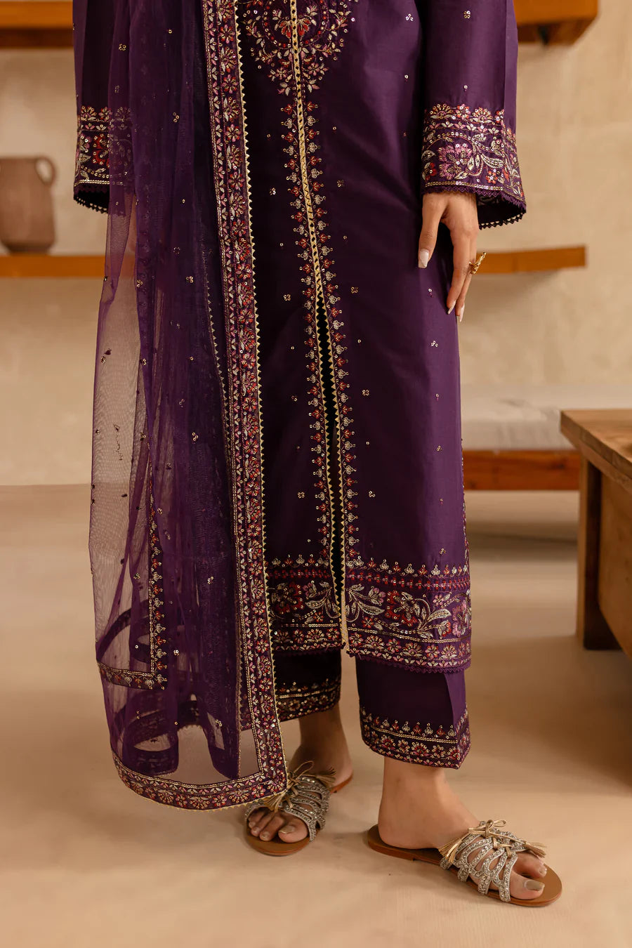Royal Plum - 3 PC Embroidered Dress