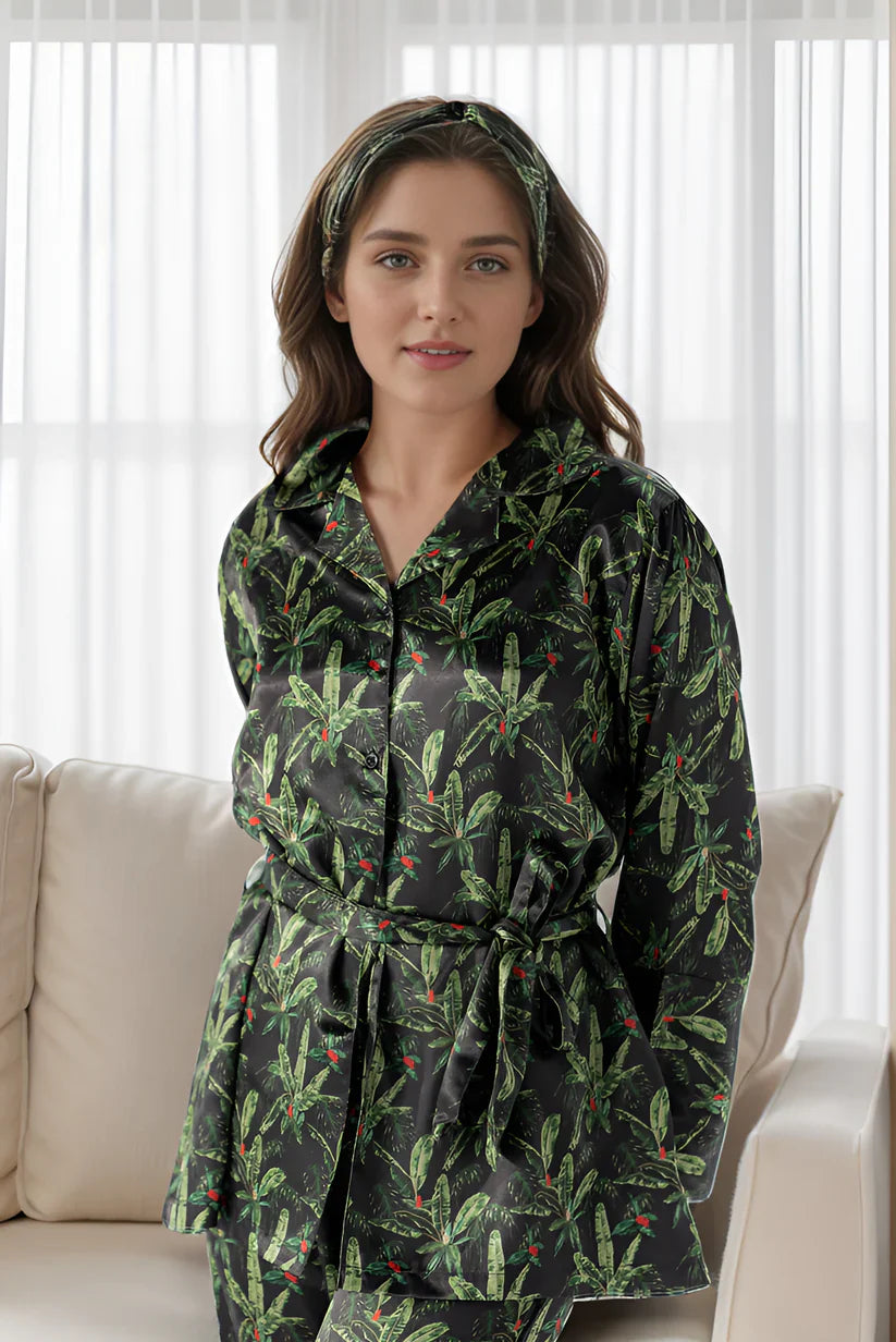 5 pcs Luxury Loungewear - Green Petals (Shirt+Trouser+Hair Band+Eye Masks+Pony) (Copy)